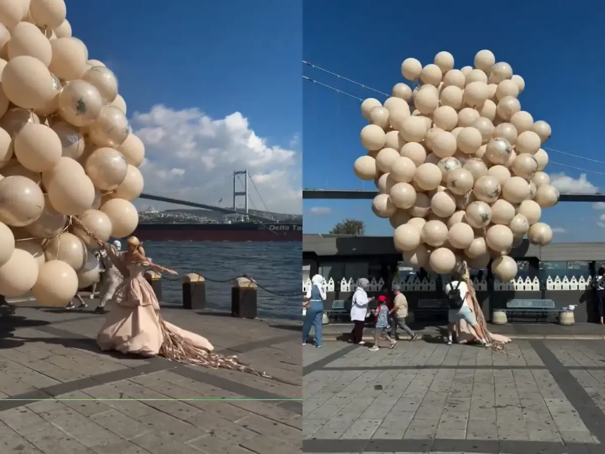 WATCH: Bride nearly swept into the sea as giant balloons turn Istanbul wedding photoshoot into viral spectacle | Video